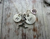 Runner Girl Sterling Silver Charm Necklace, Swarovski Crystal Birthstone, Hand Stamped Initial Charm, Run Charm Disc