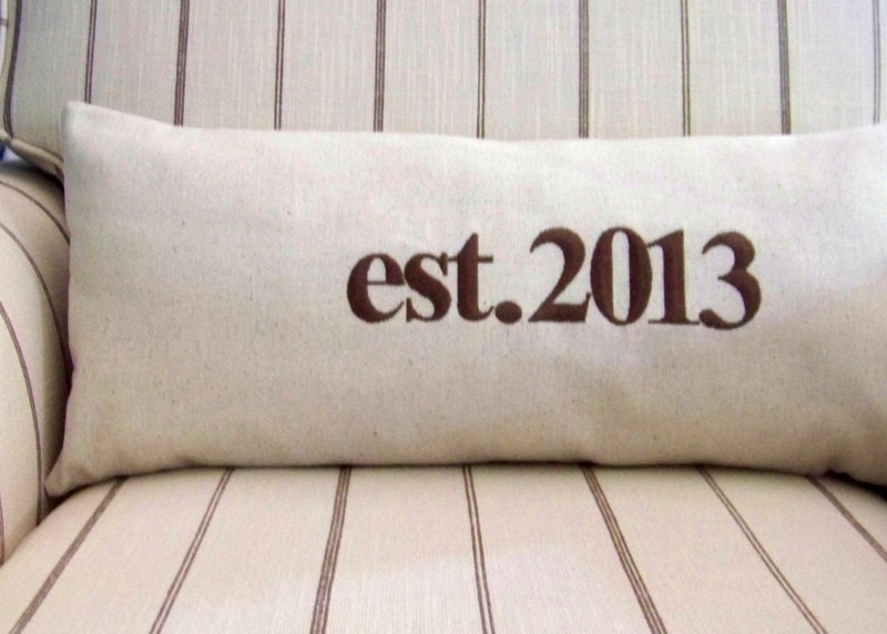 custom established pillow cover- est. - embroidered -  wedding - engagement - anniversary - gift - linen - brown - natural - lumbar