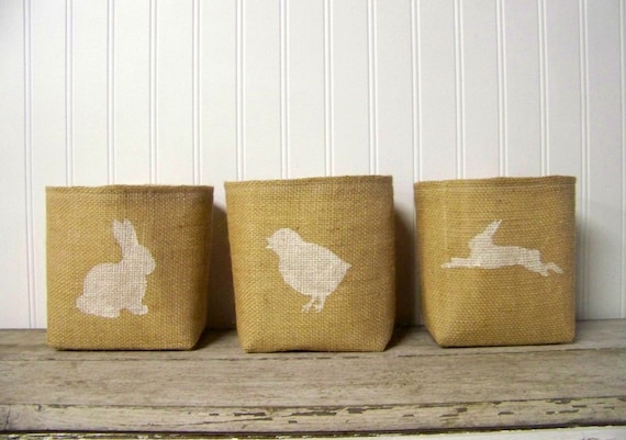 silhouette easter basket - burlap - bunny silhouette - white - natural - decoration - rabbit