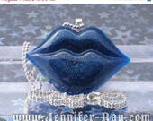 On Sale Deep Blue Sea Kiss, Blue Resin Lips Necklace