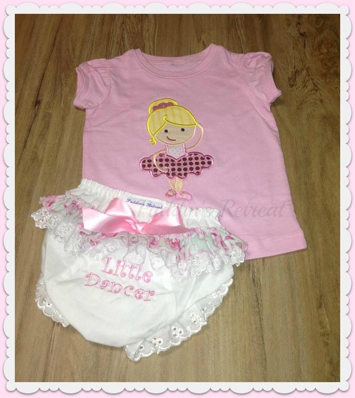 Custom Applique Ballerina  tee t-shirt  with matching Ruffle Bloomers diaper cover pink and white