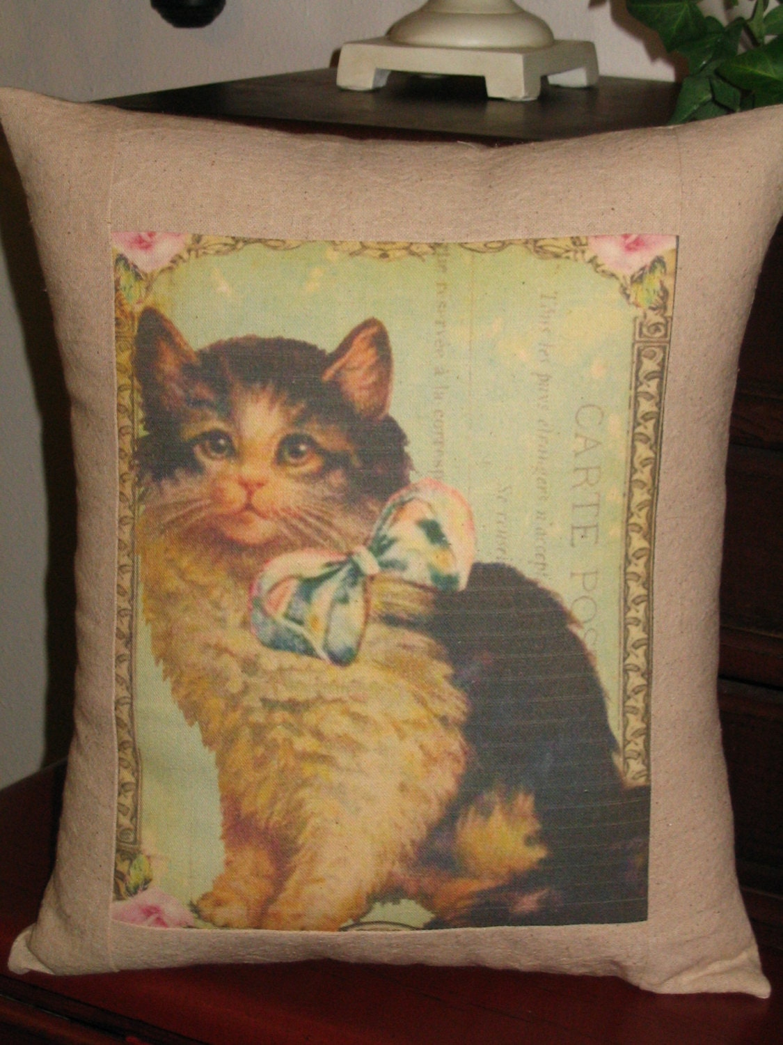 French Vintage Inspired Cat Pillow Decorative Throw Pillow