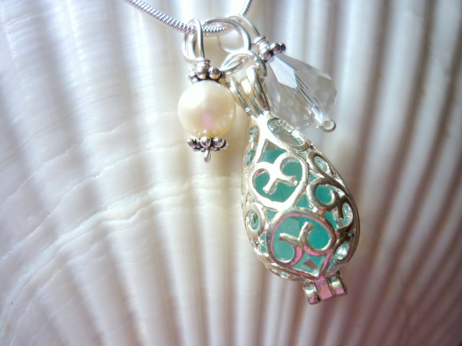 Sea Glass Necklace : Aqua Teal  Beach Seaglass Locket Tear Drop