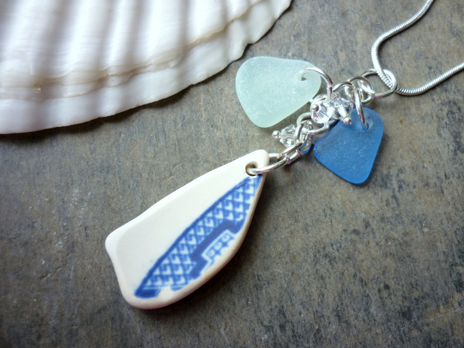 Sea Glass Necklace - Blue Sea Pottery Shard  Seaglass