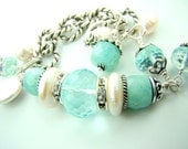 Aquamarine bracelet, aquamarine birthstone, chunky pearl charm bracelet, amazonite gemstone bracelet