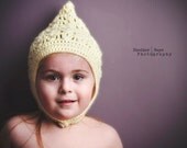 Pixie Hat. Crocheted Bonnet. Buttercup Yellow. Sizes Newborn to Adult.