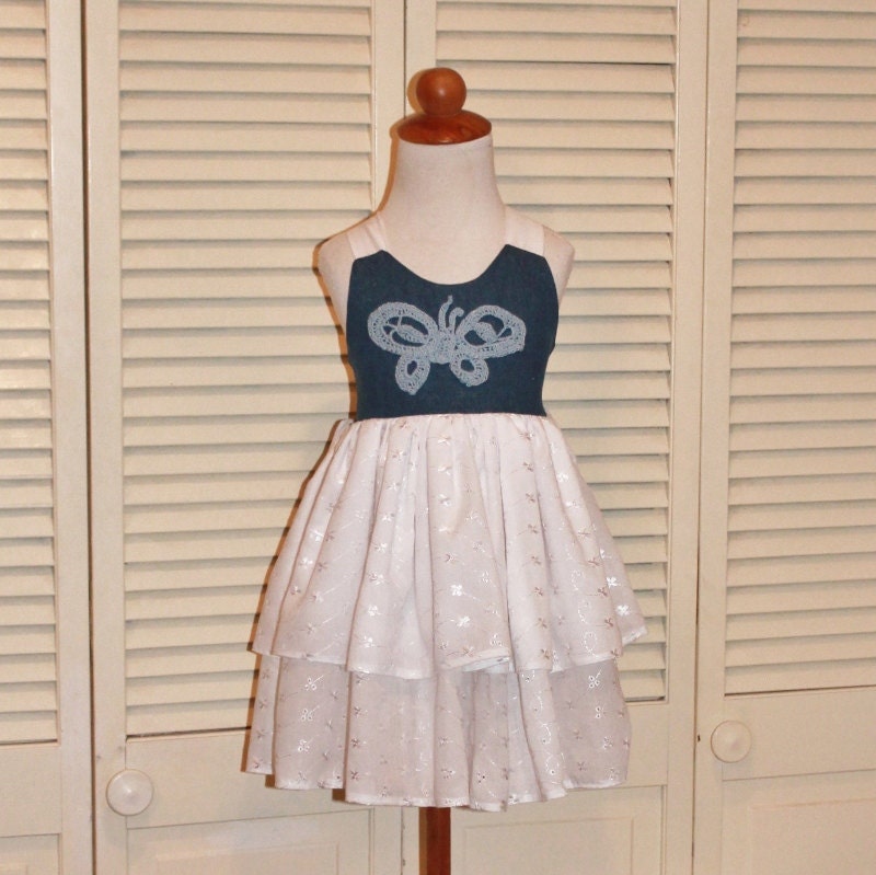 Handmade Denim and Eyelet Sundress with Crocheted Butterfly