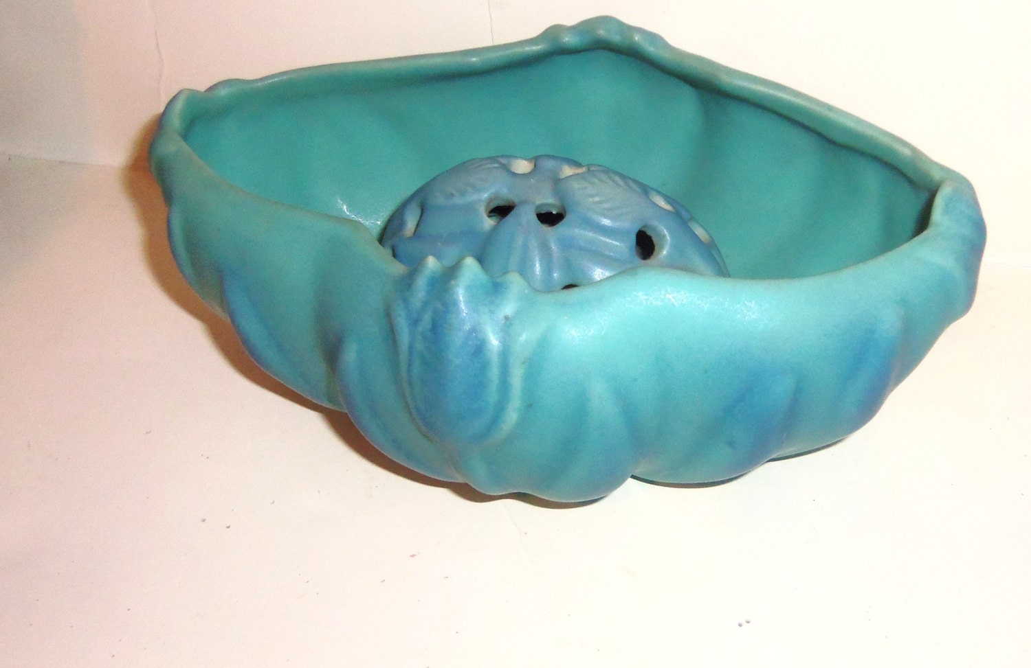 Vintage Flower Frog & Planter Bowl Vase Van Briggle Turquoise Ming Blue Deco Tulip 1930's Art Pottery