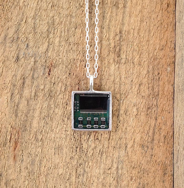 square upcycled circuit board necklace resin pendant  recycled jewelry sterling silver chain