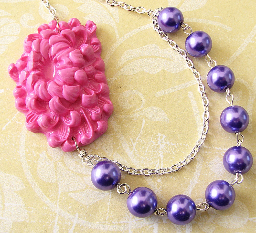 Flower Necklace Purple Jewelry Pink Necklace Bridesmaid Jewelry Bib Statement Necklace Double Strand