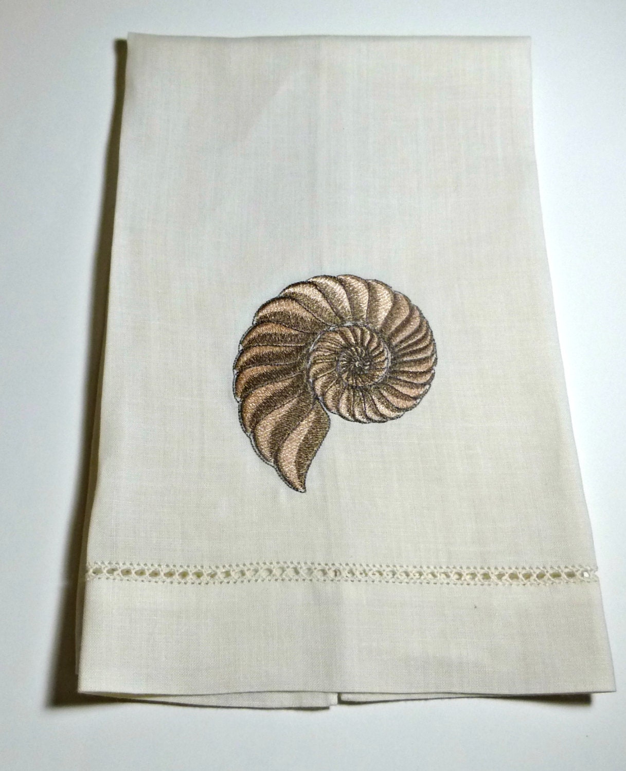 Linen Guest Towel:  Ecru with Nautilus Seashell 14x22 Inches