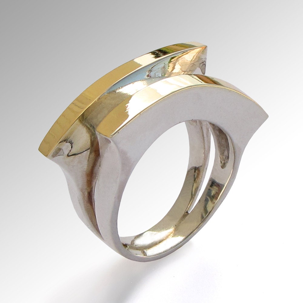 DOUBLE MOON  Sterling Silver Gold Ring,  Unique Gold Silver Ring, Promise  ring, Contemporary Italian Jewelry