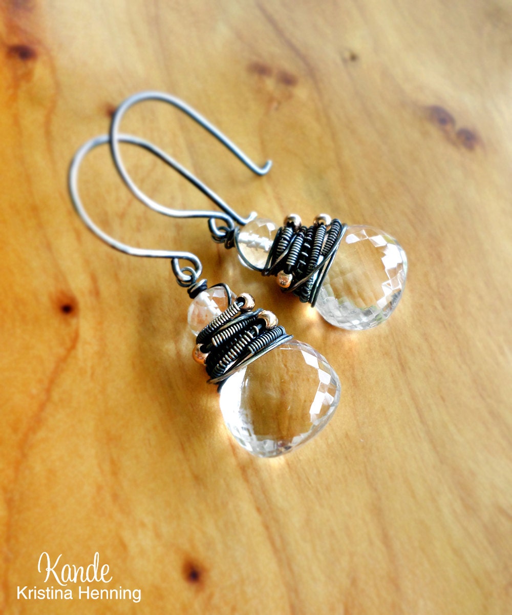 Clear Gemstone Earrings, Oxidized Sterling Silver Wire Wrapped, Kande Kristina Henning - Maura