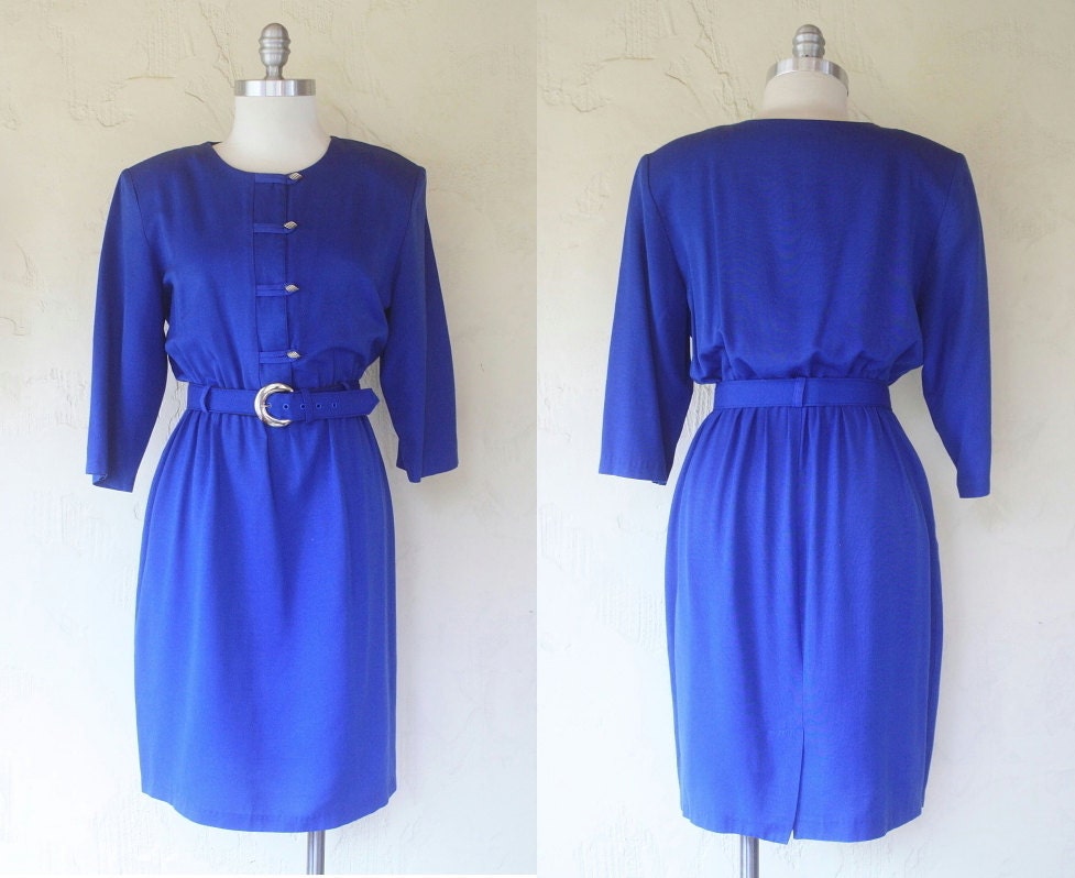 1980s royal blue rayon dress / long sleeve secretary dress / size petite 10 12 large