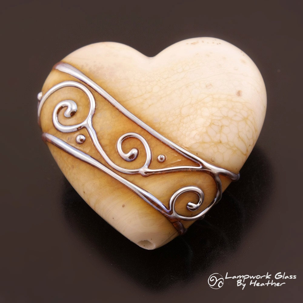 Lampwork Beads Metallic Scrolls  Ivory Crackle Cream Heart Focal Bead Handmade Glass Heather Behrendt  BHV SRA LETeam