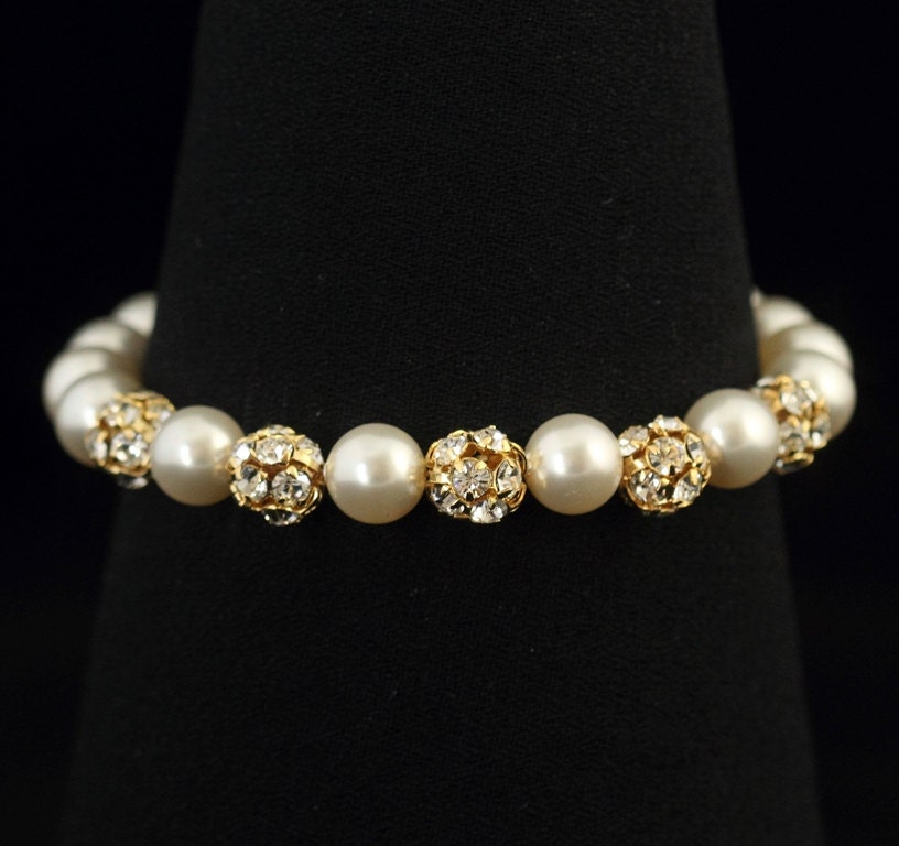 Gold Pearl Wedding Bracelet, Rhinestone Pearl Bridal Wedding Jewelry, Bridesmaid Bracelet, Gold Bridal Pearl Bracelet-- VERA