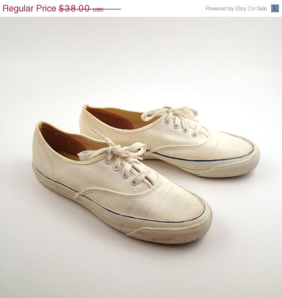 SALE White Canvas Sneakers Vintage 1960s Deck Shoes Keds Champions Women's size
