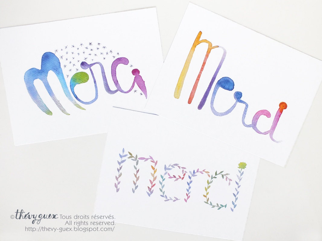 Set of Three Multicolor Watercolor Typography "Merci" Postcards/Thank you Watercolor Cards