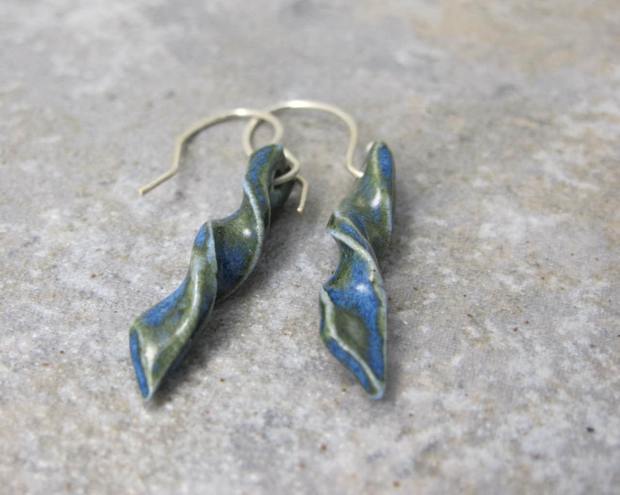 Ceramic, Porcelain, Earrings, Blue-Green Glaze, Twist, Handmade, Birthday, Anniversary, Gift