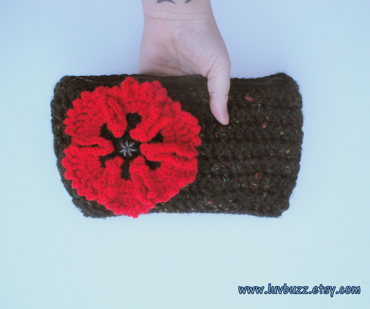 Black Clutch Purse with Large Red Poppy, lined crochet handbag, zipper closure, ready to ship  .
