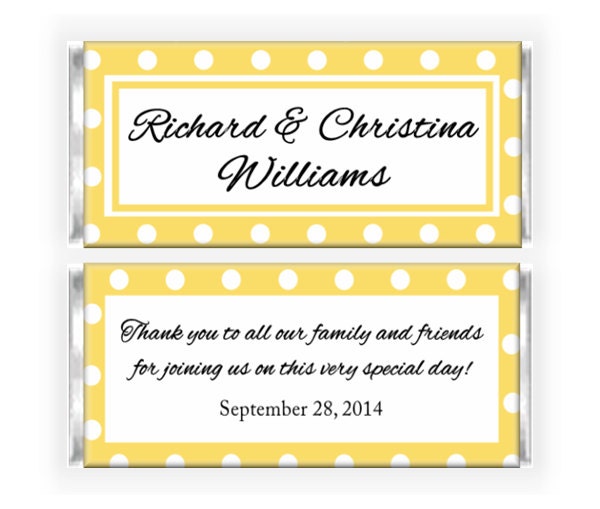Yellow and White Polka Dot Wedding Candy Bar Wrapper -  Personalized Printable PDF File