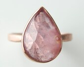 Pink Sapphire Ring in 14k Rose Gold - rose cut teardrop pink gemstone hammered brushed finish