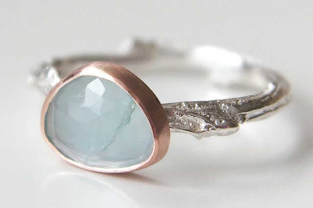 Aquamarine Twig Ring with Rose Gold Setting and Sterling Twig Band - free form rose cut gemstone