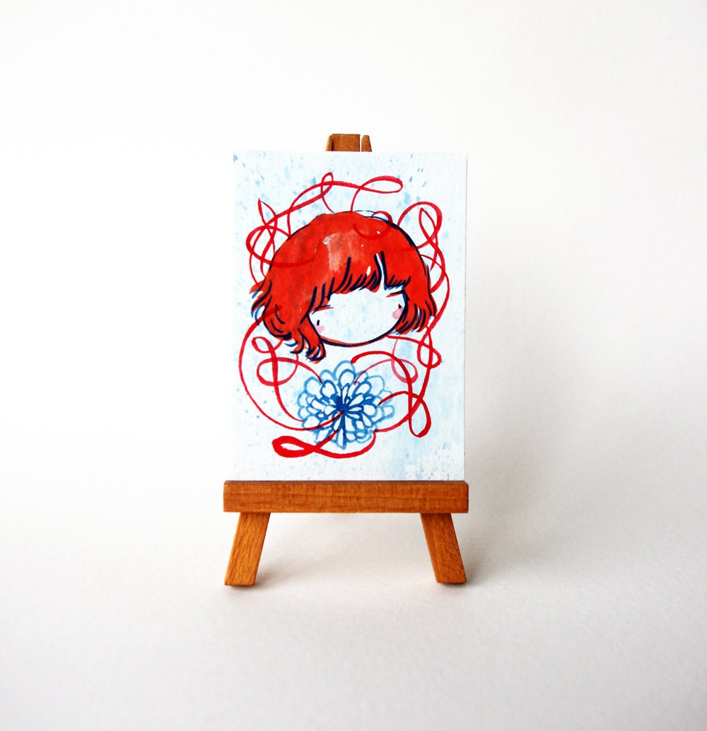 Tiny Redhead - Watercolor Painting - original cute girl portrait - ACEO number 37