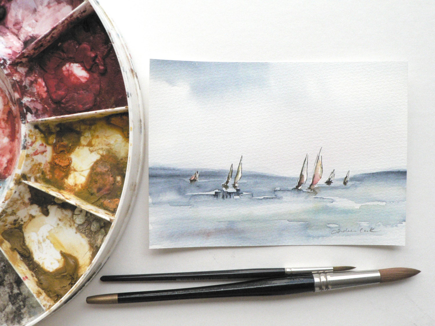 original watercolor painting of yacht sailing boats at sea