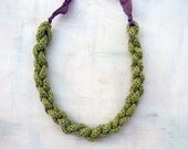 Braid necklace. Statement necklace, grass green. Yarn jewelry.