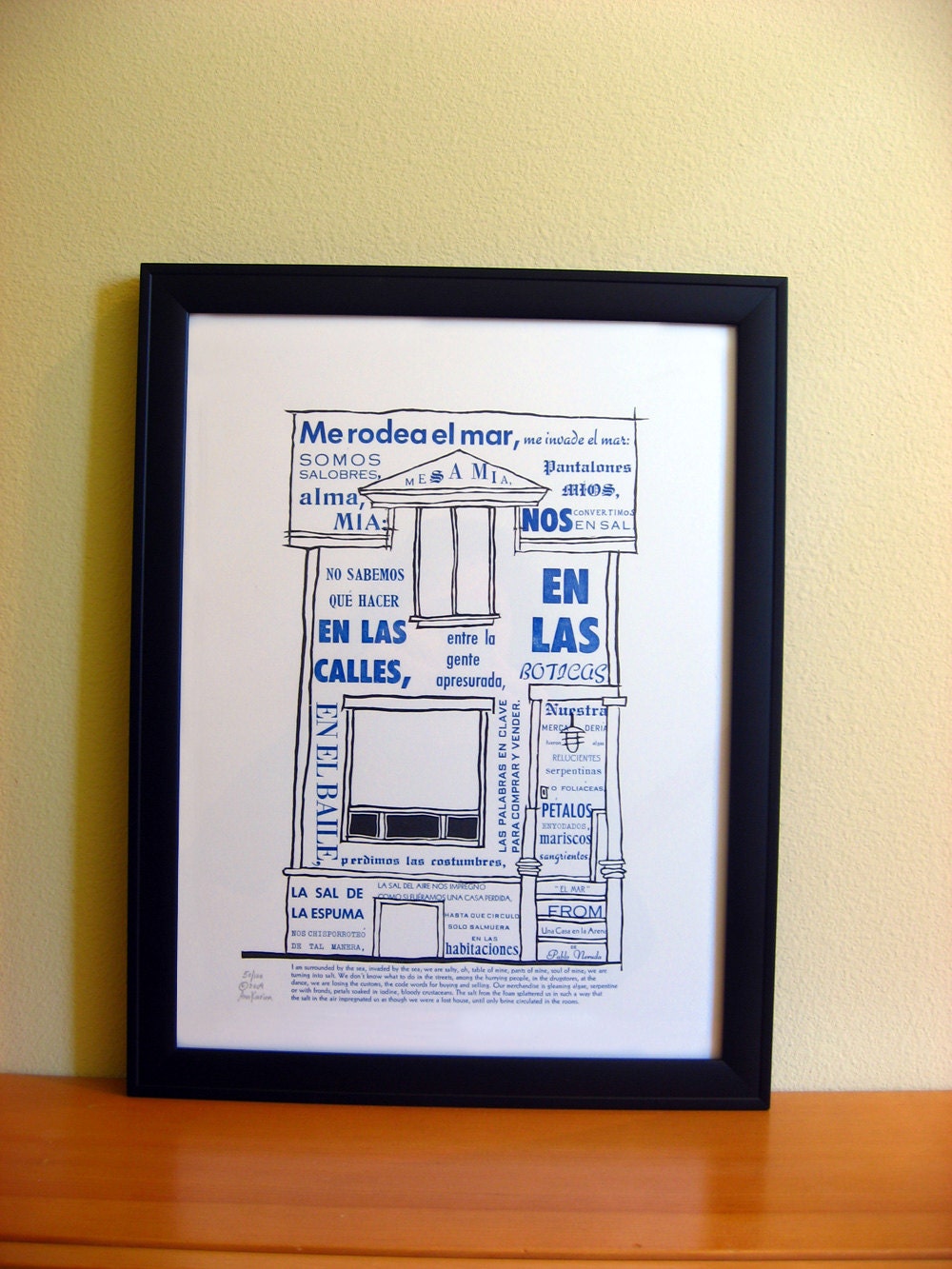 Letterpress Print: Pablo Neruda "El Mar", Spanish quote, Blue and Black, Hand Carved Linocut, Wall Love Print, Valentine Gift