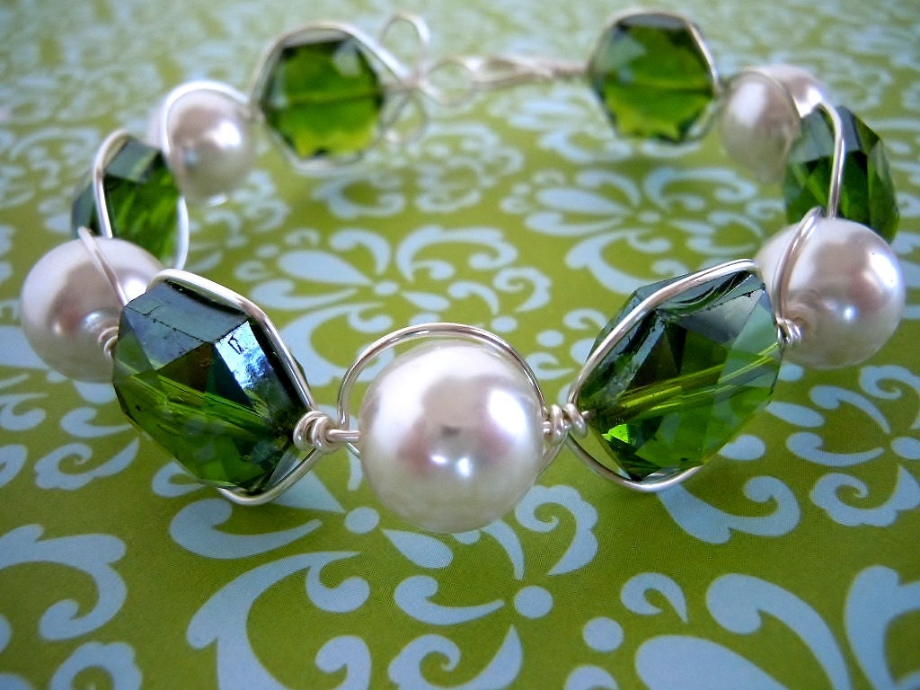 Wire Wrapped Bangle Bracelet by Debbie Renee, Green Faceted Crystal, Glass Pearls, Silver Wire