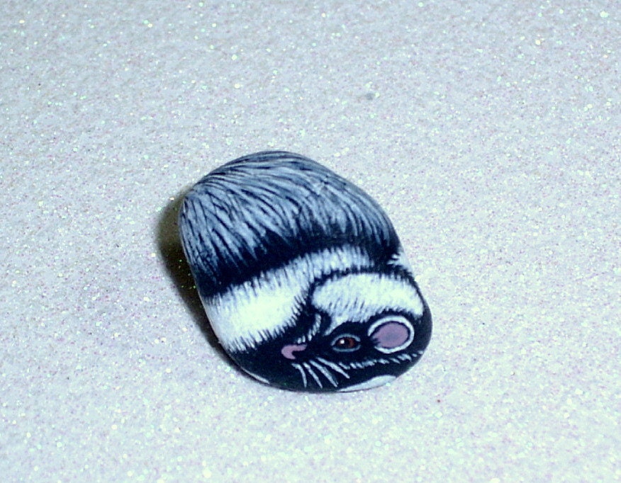 Skunk, ready to ship, dollhouse scale miniature animal, tiny terrarium, glass globe, zen garden decor, hand painted rocks by Rockartiste