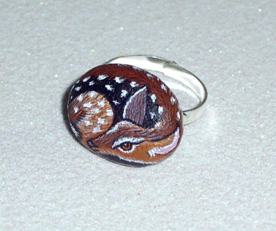 Whitetail Fawn, adjustable rock ring, miniature deer, donate rescue, gift for her, fashion costume jewelry, hand painted rocks Rockartiste