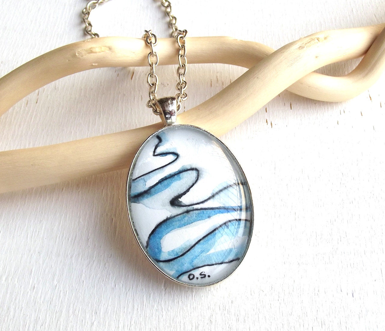 art pendant - original watercolor - Frozen River - not a print, miniature, necklace , blue, silver plated
