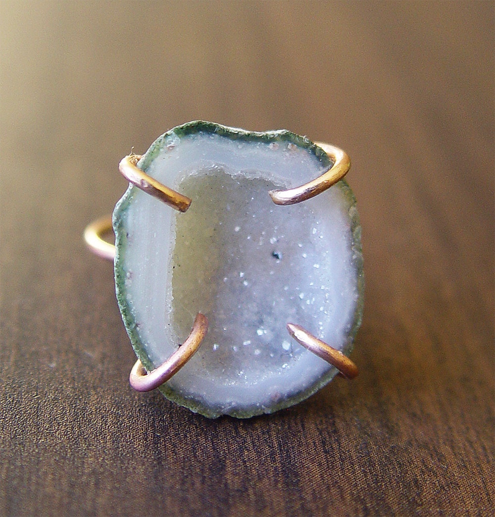 RESERVED Vanilla Geode Druzy Ring ,14k gold, One of a Kind