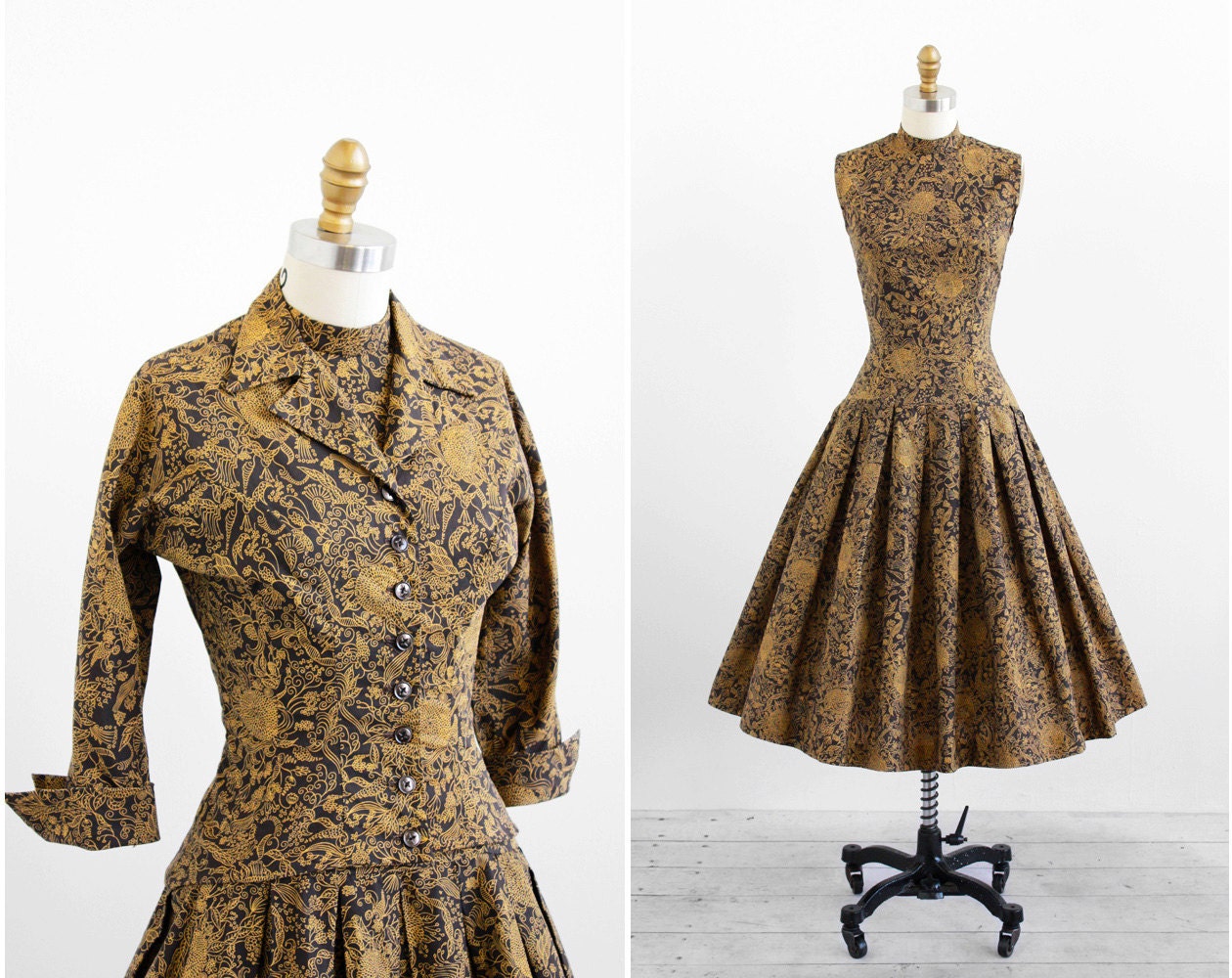 vintage 1950s dress / 50s dress / Black and Mustard Floral Print Dress and Jacket Set by Jonathan Logan