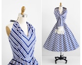 vintage 1950s dress / 50s dress / Blue and White Gingham Polished Cotton Halter Dress with Matching Wrap