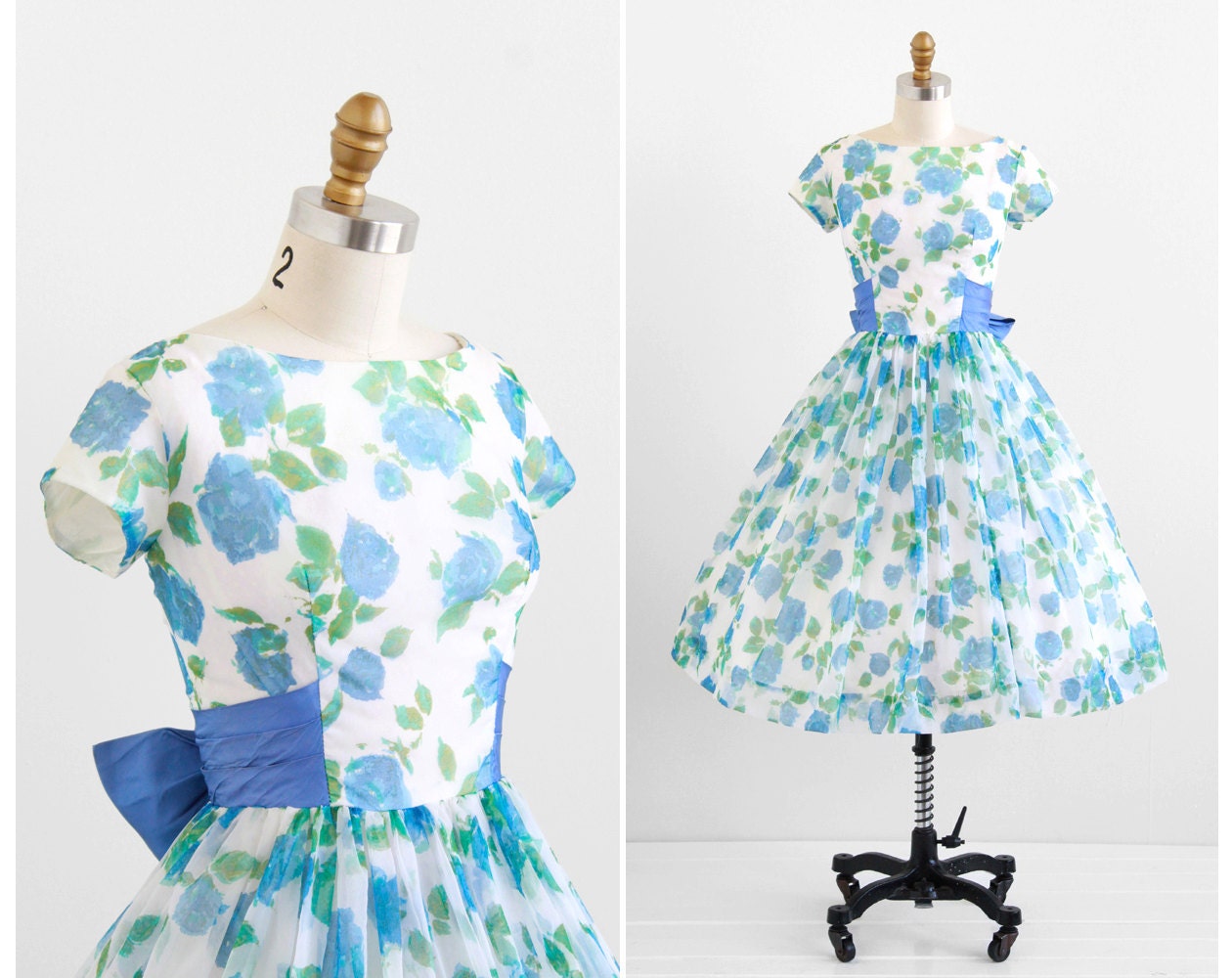 vintage 1950s dress / 50s dress / Blue and White Roses Floral Print Party Dress