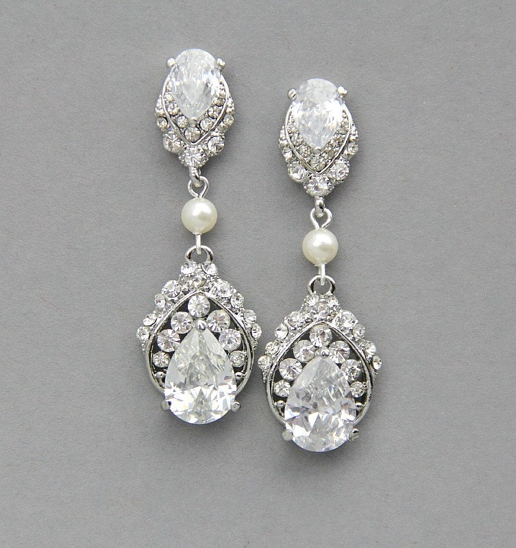 Bridal Pearl Earrings,Wedding Pearl Earrings,Bridal Vintage Rhinestone Earrings, Ivory Swarovski Pearl earrings - Style 498
