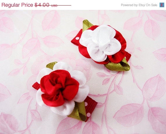 HAIR CLIP SALE... Dolly / Red and white cabbage rose hair clip - no slip snap clip