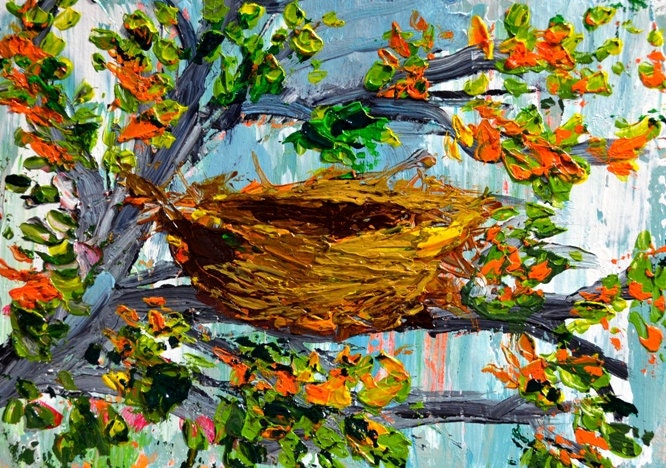 Art, painting, Bird, Nest, landscape painting, forest, gift, nature, bridnest, Original Acrylic painting, home decor, green and yellow