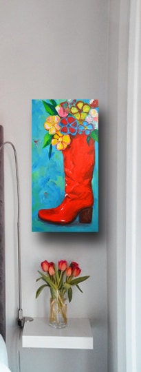 Red Boot with Flowers Series, Art, Painting, Still Life, acrylic, Decor, original painting, Bedroom decor, art, flowers, handmade art