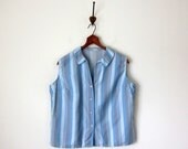 60s blouse / blue & grey striped cotton sleeveless button down top (l - xl)