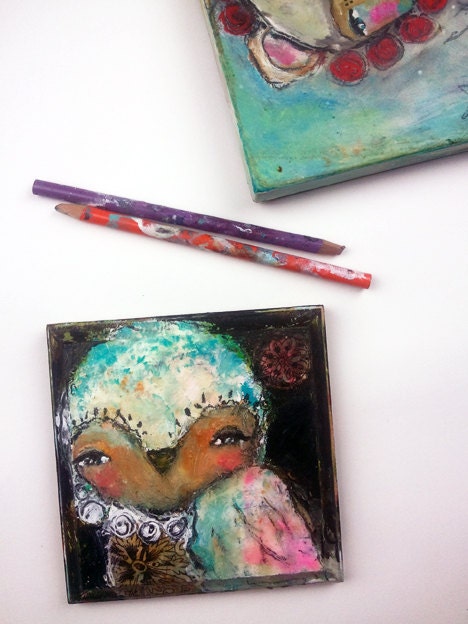 Owl Original Painting - Tender Heart - an Original Mixed Media Painting 5x5 on Wood by Juliette Crane