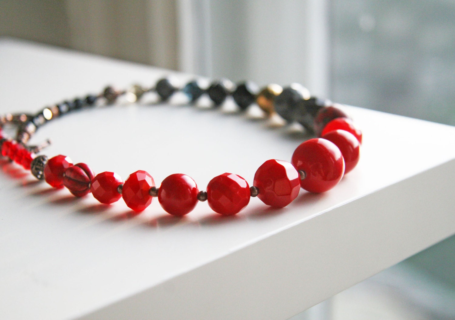 Poppy Red Black Statement Necklace Color Block Ombre Jewelry