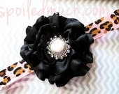 Black Rhinestone and Leopard Elastic Headband