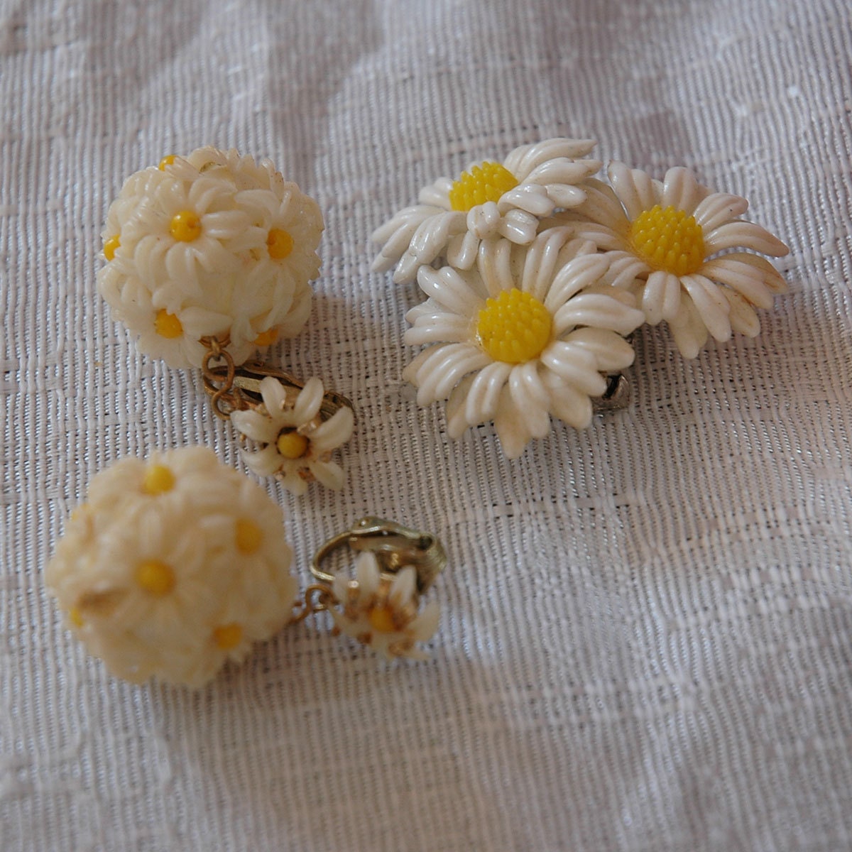 Hong Kong Daisies, Delightful Plastic Bouquets, Ball Earrings, Converted Brooch, Great Vintage Condition