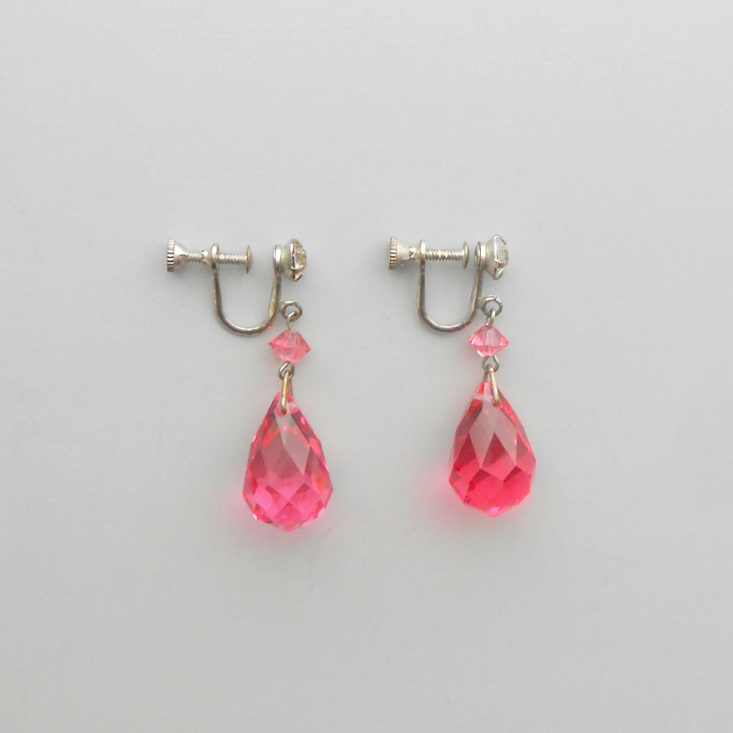 Art Deco Crystal Earrings.  Cut Pink Droplets. White Stone.