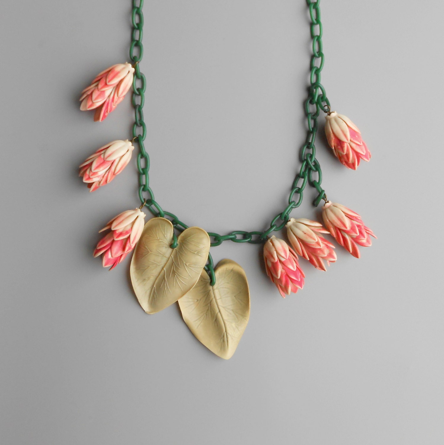 Art Deco Necklace. Floral. Pink Green. Leaves. Blossom. Flower.